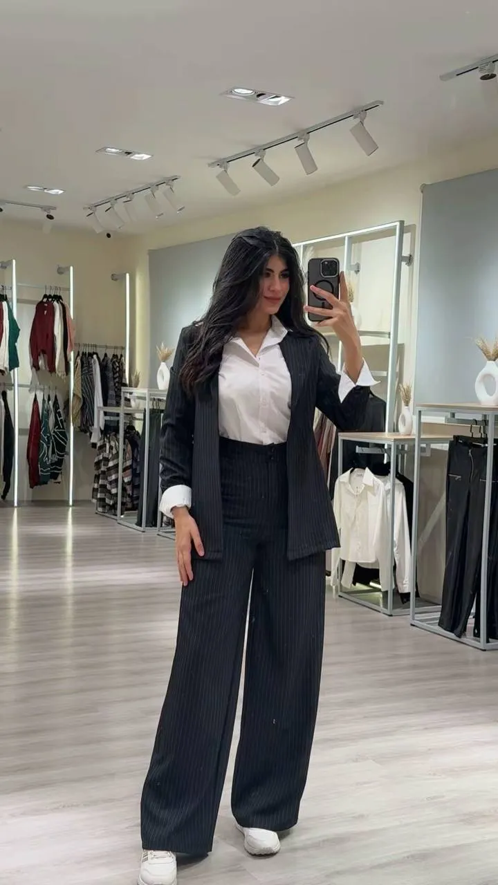 Pinstripe Blazer & Wide-Leg Pants Set