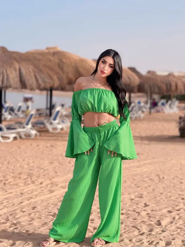 Off-Shoulder Crop Top & Wide-Leg Pants Set