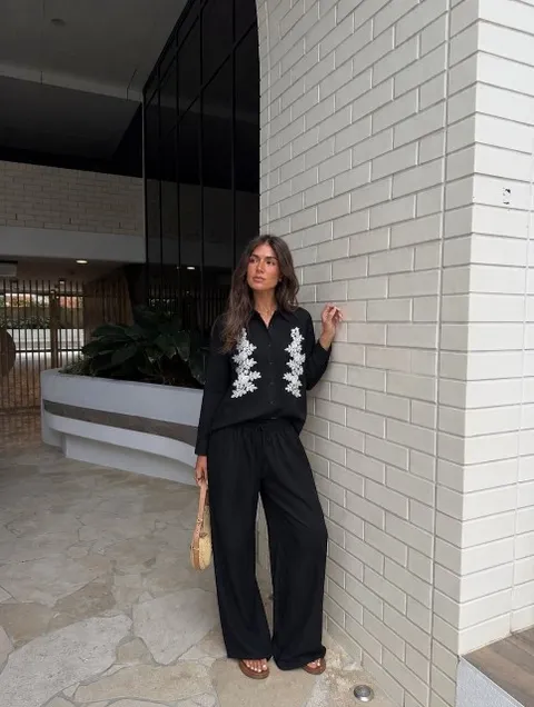 Embroidered Linen Shirt & Wide-Leg Pants Set
