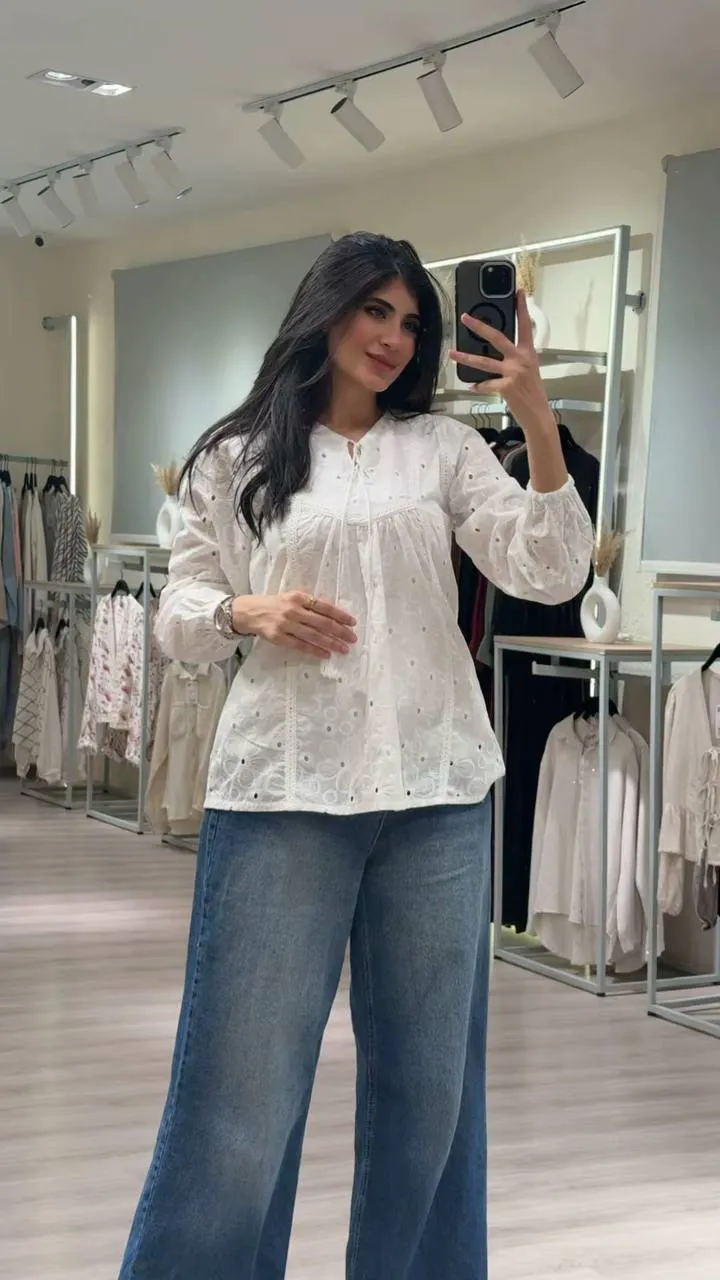 White Eyelet Embroidered Tie-Neck Blouse