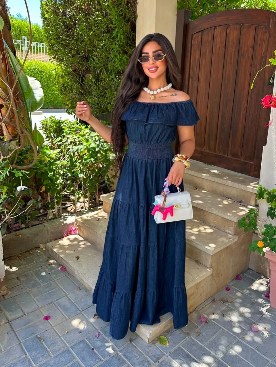 Denim Off-Shoulder Tiered Maxi Dress
