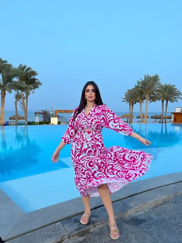 Magenta Swirl Print Cut-Out Maxi Dress