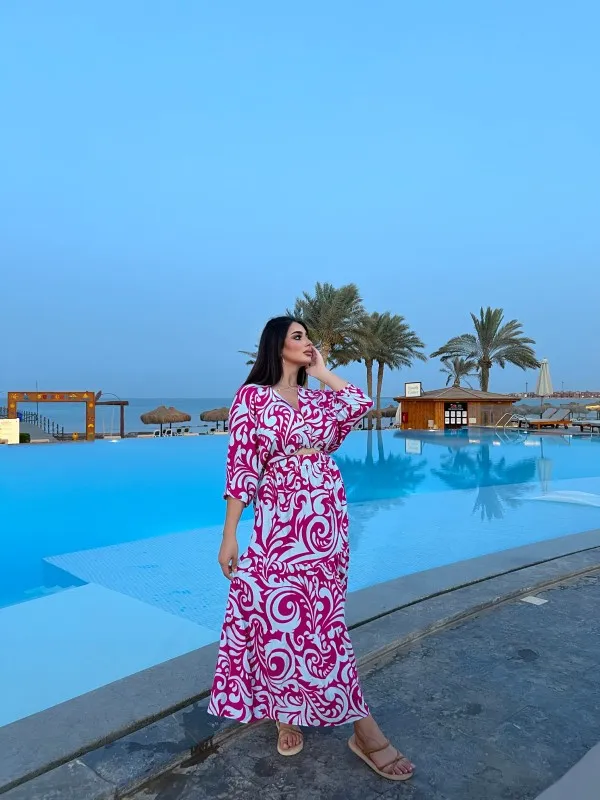 Magenta Swirl Print Cut-Out Maxi Dress