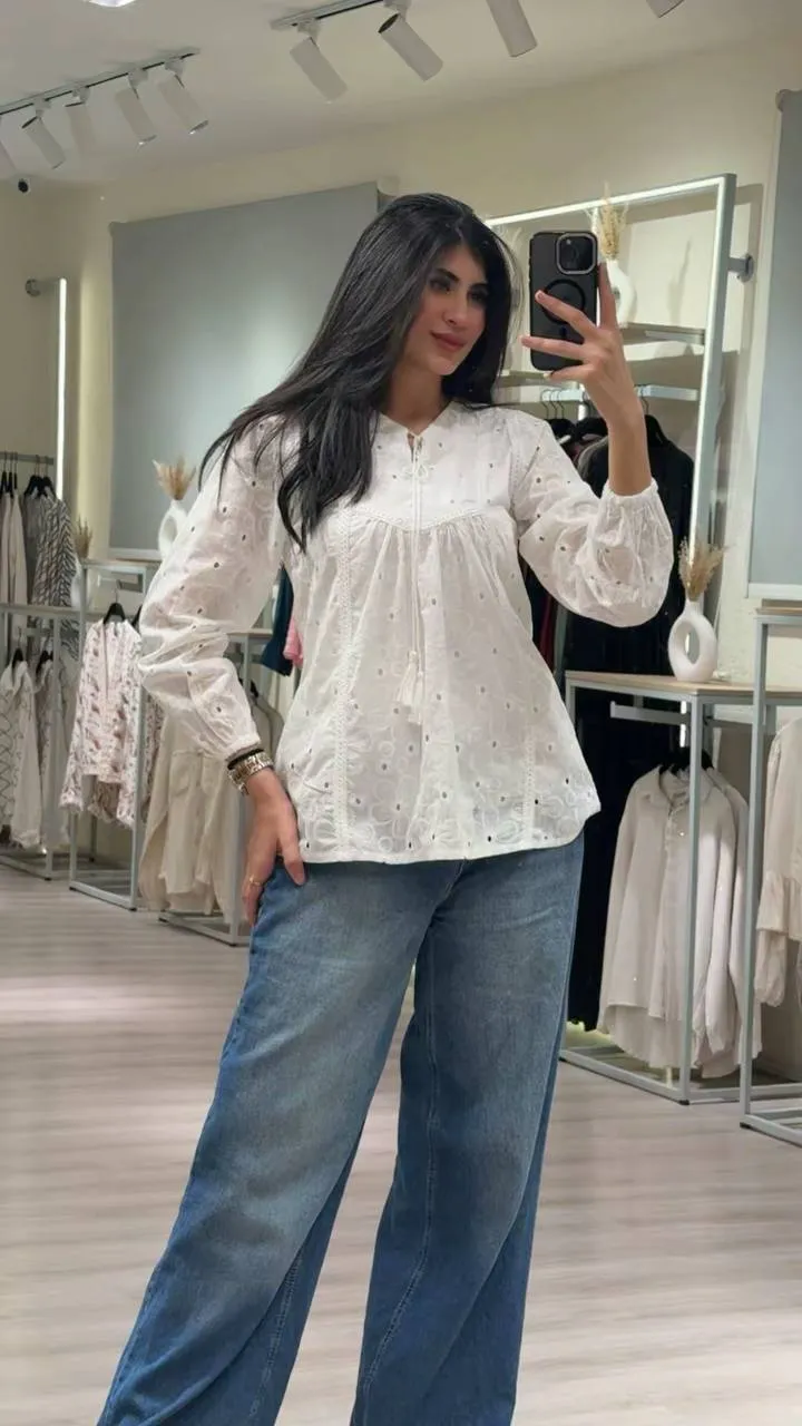 White Eyelet Embroidered Tie-Neck Blouse
