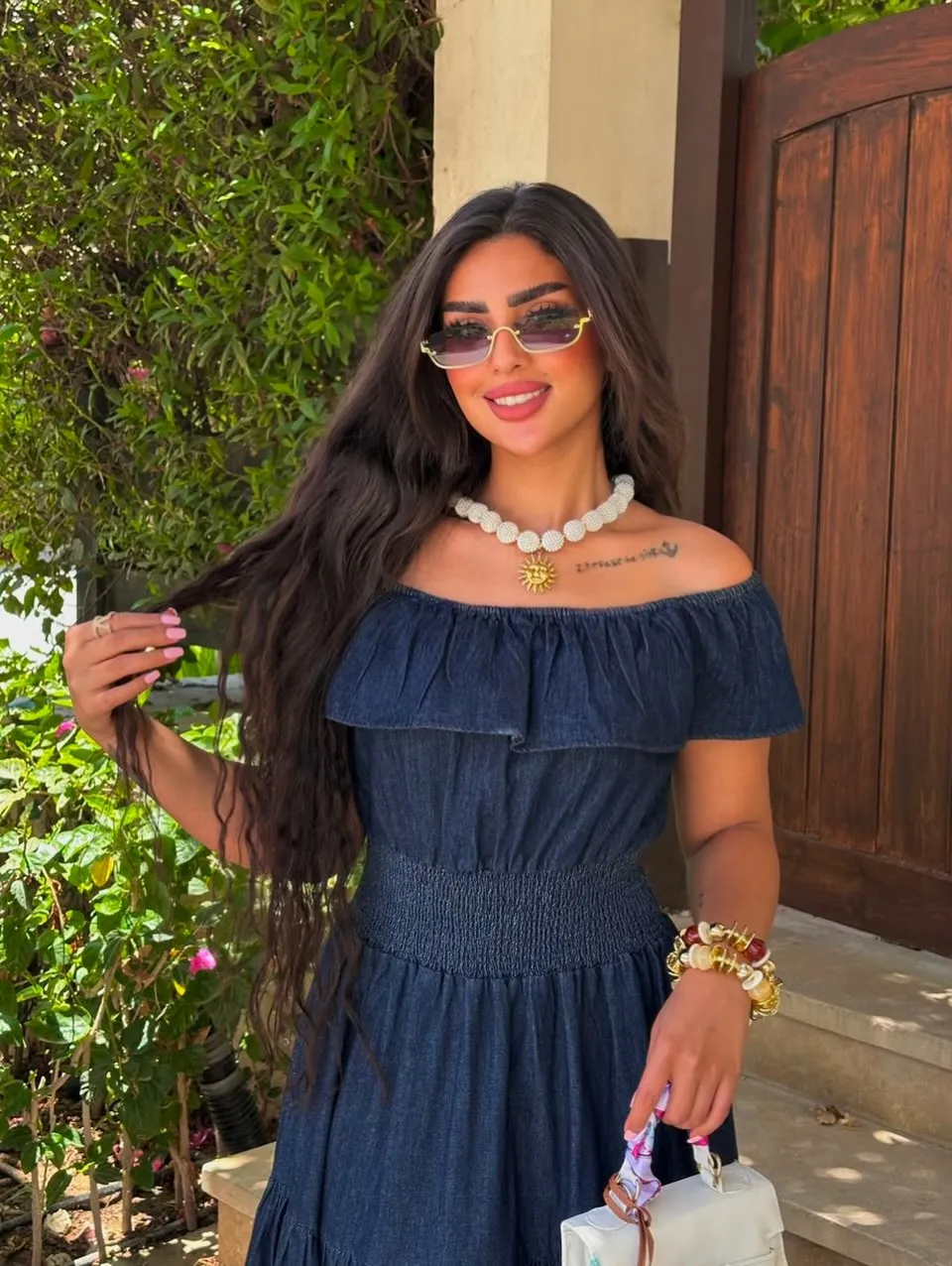 Denim Off-Shoulder Tiered Maxi Dress