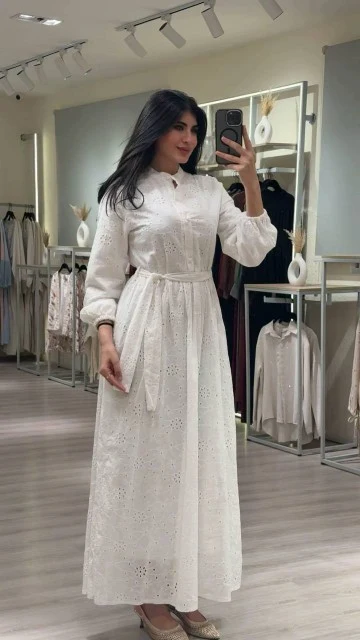 White Eyelet Embroidered Button-Front Maxi Dress