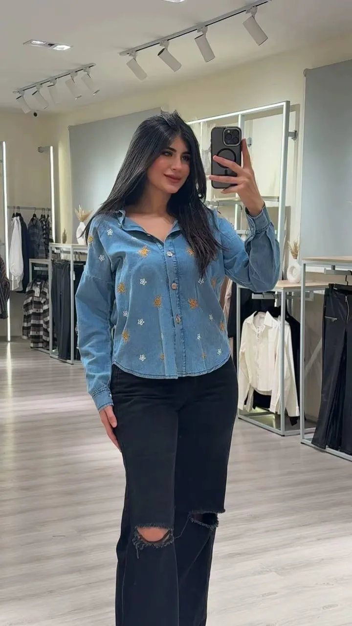 Denim Shirt with Floral Embroidery