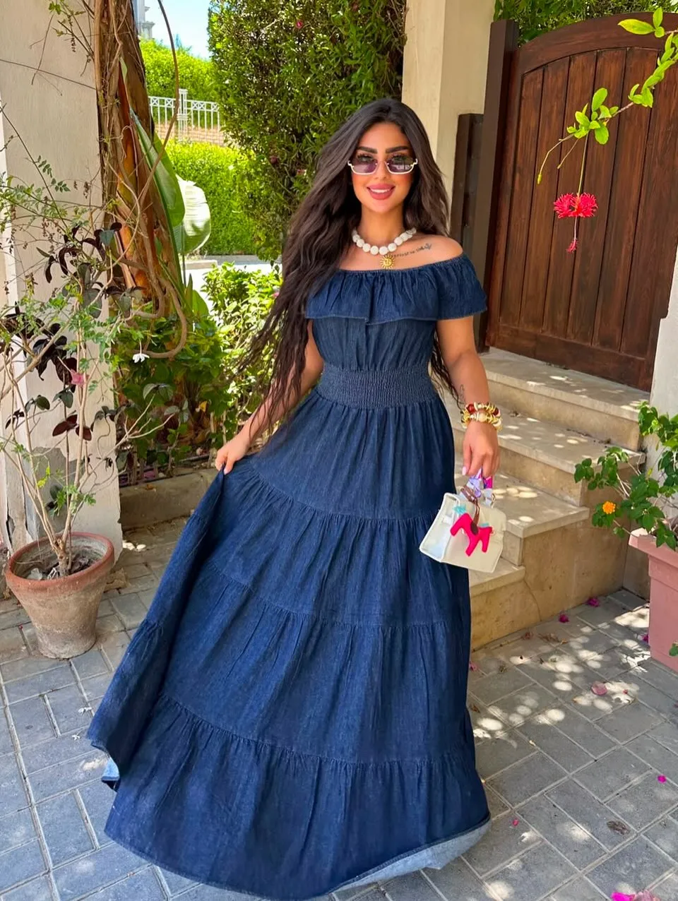Denim Off-Shoulder Tiered Maxi Dress