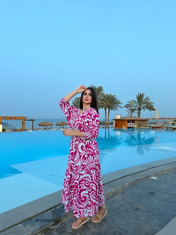 Magenta Swirl Print Cut-Out Maxi Dress