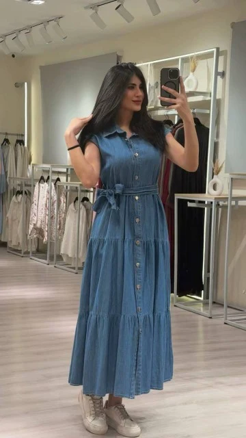 Denim Button-Front Tiered Maxi Dress
