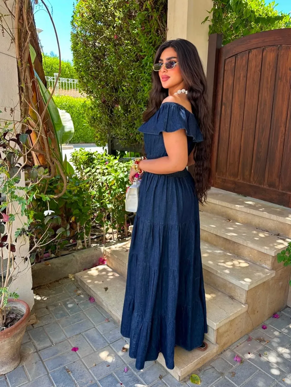 Denim Off-Shoulder Tiered Maxi Dress