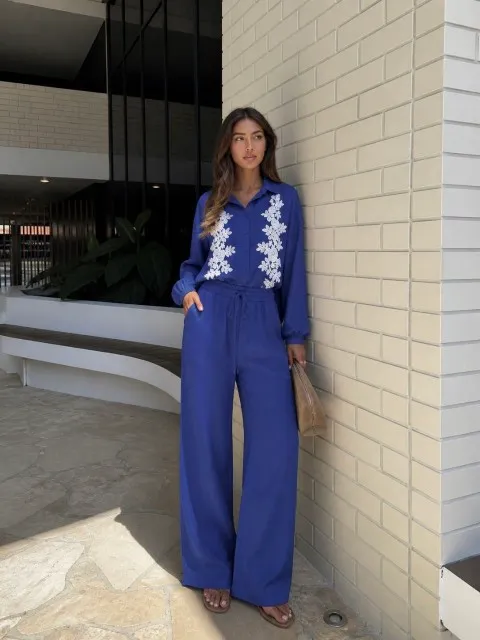 Embroidered Linen Shirt & Wide-Leg Pants Set