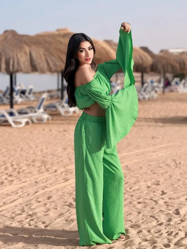 Off-Shoulder Crop Top & Wide-Leg Pants Set