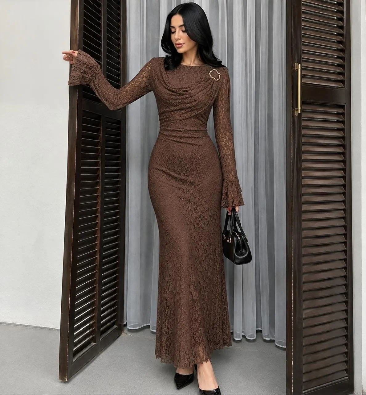 Lace Cowl-Neck Mermaid Dress with Brooch Detail