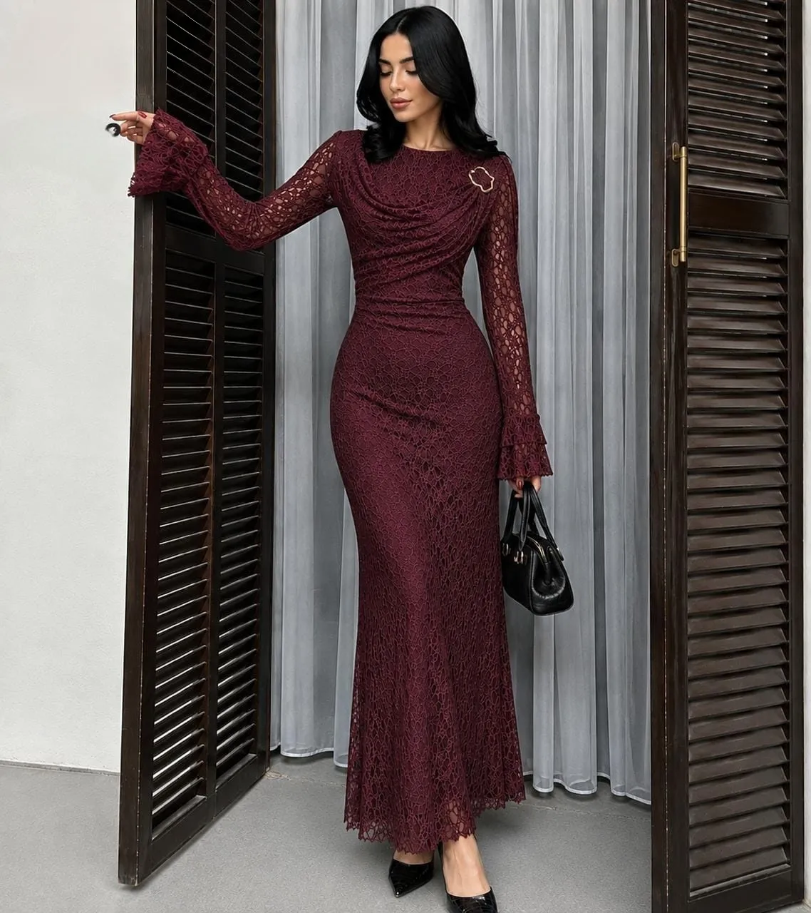 Lace Cowl-Neck Mermaid Dress with Brooch Detail