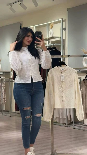 Embroidered High-Neck Button-Front Blouse